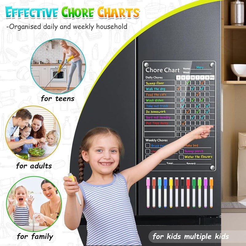 YNGRUE Acrylic Magnetic Chore Chart for Kids,Chores Chart for Fridge Refrigerator,Dry Erase Behavior Chore Chart for Multiple Kids,Reward Chart for Multiple Kids Teens Adults Family,8"x12" (White-2 Pack) - Image 3
